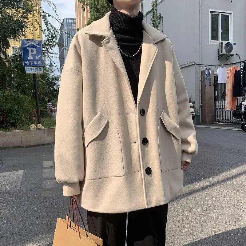 Winter Clothing Taiwan - 韓国無地ウールコート秋冬ベーシック仕立て襟メンズ服スタイリッシュポケットパッチワークルーズカジュアルブレンド