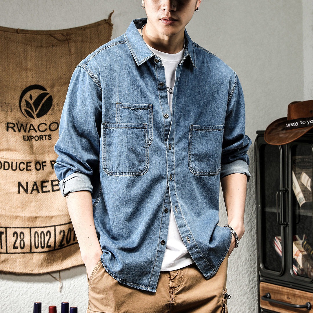 Winter Clothing Stores - 春の若者向けハンサムデニムツール加工長袖シャツメンズインスタ風トレンド万能カジュアルアメリカンレトロシャツジャケット