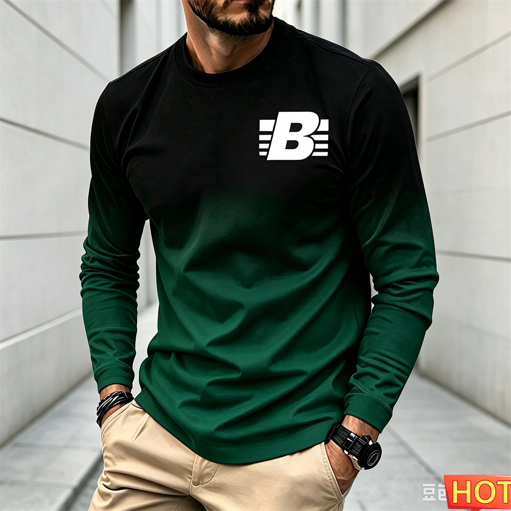 Winter Sun Clothing - メンズ秋冬グラデーション長袖Tシャツ、レタープリントスポーツラウンドネックTシャツ、コットン原宿Tシャツトップス、メンズY2Kファッション