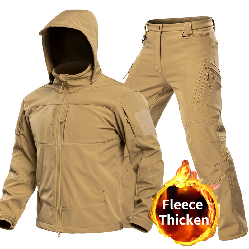 Windproof Jacket Softshell - 男性用アウトドアタクティカルソフトシェルスーツ フード付きフルジップジャケット カーゴパンツ 防風マルチポケットセット ハンティング・ハイキング・キャンプ用