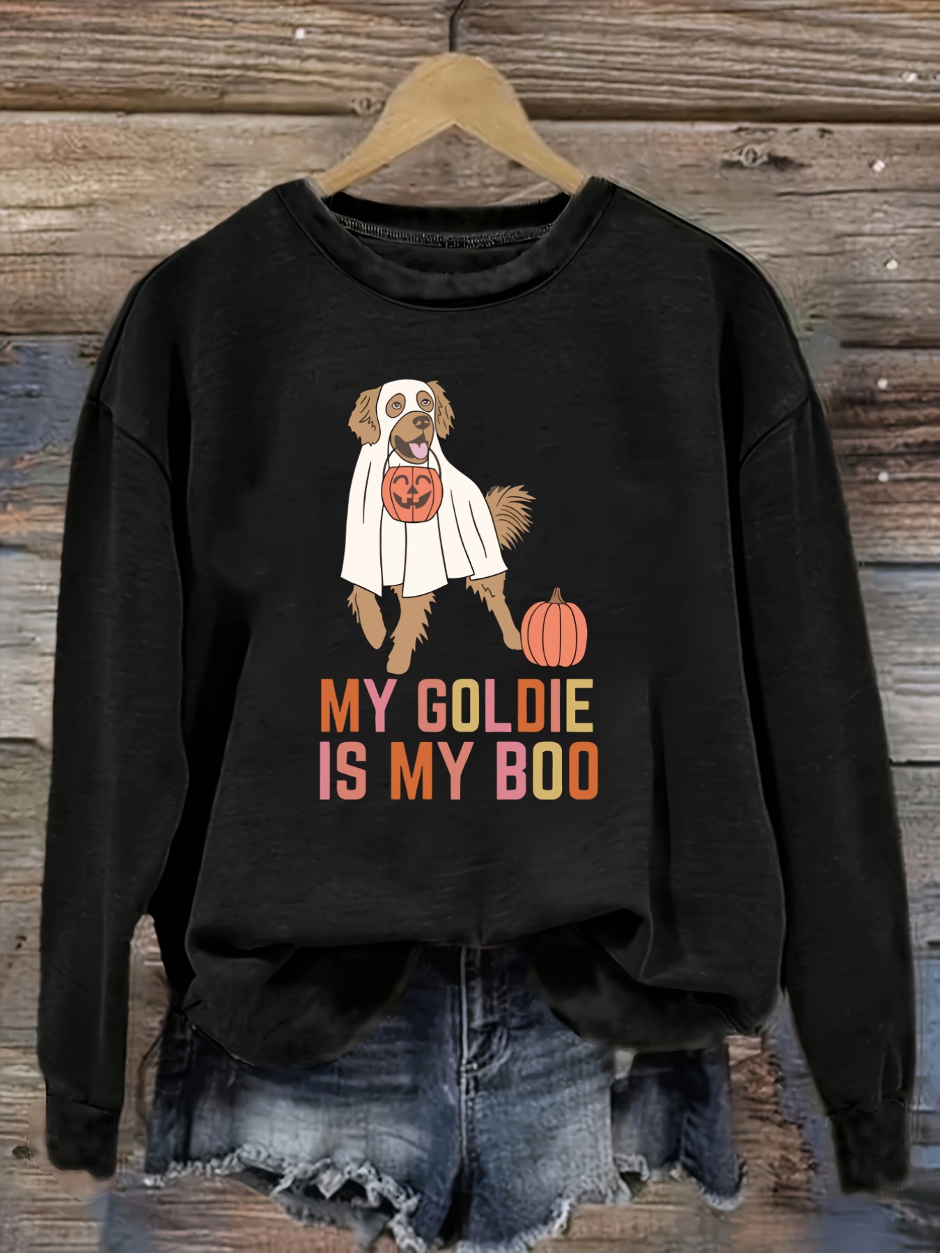 Winter Clothing Design - レディースカジュアル長袖クルーネックTシャツ「My Goldie Is My Boo」デザイン、ラウンドネック婦人服、洗濯機で洗える、やや伸縮性あり、ゆったりフィット、春・秋・冬用レディースTシャツ、ハロウィンコスチューム衣装