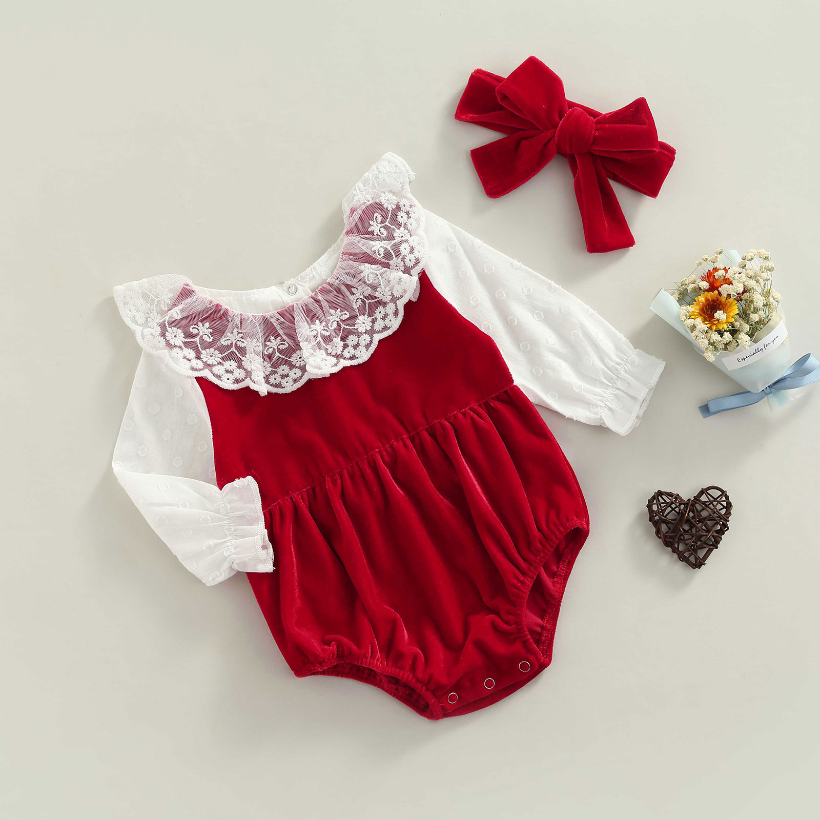 Winter Clothing Newborn - 女の赤ちゃんのための春と冬のジャンプスーツ,プリンセスレース,花,ベルベット,ヘッドバンド,女の子のための赤い服