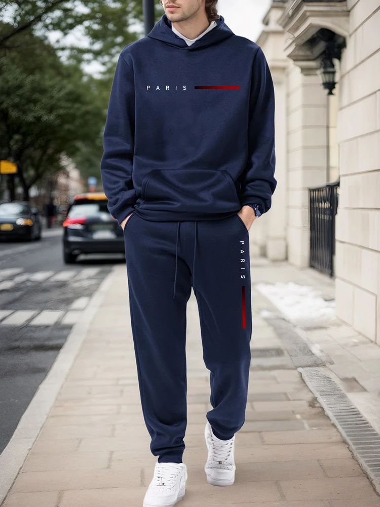 Winter Clothes - 2026 新しいメンズトラックスーツプリントカジュアルフード付きスウェットシャツアウトドアスポーツジョギング男の服秋冬シングルパーカーパンツ