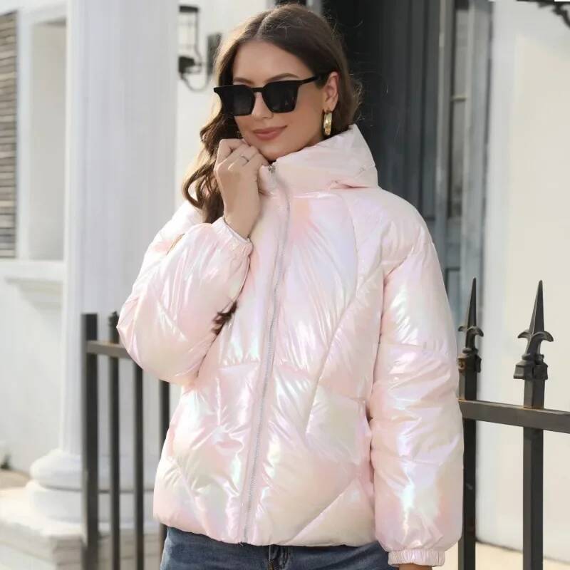 Winter Clothing Taiwan - 女性のパーカーコートカジュアル新しいファッショナブルな光沢のある顔フード付き綿入り服レギュラージッパー女性服秋冬