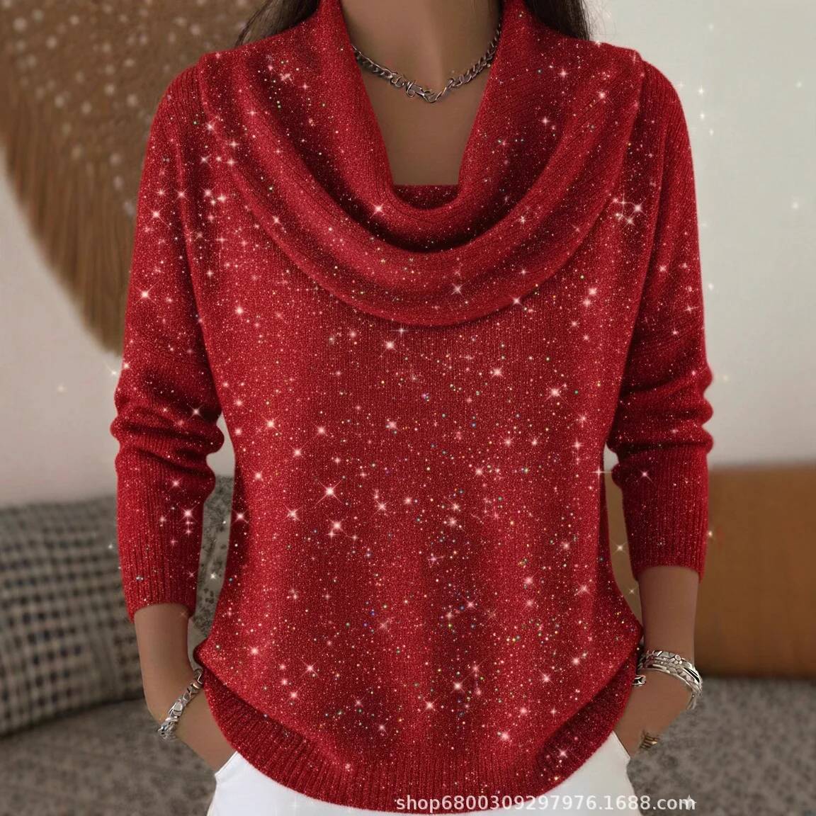 Winter Clothing Taiwan - ファッションスパンコールニットセーター女性のためのカジュアルパイル襟長袖プルオーバーセータートップス女性の休日のパーティー婦人服
