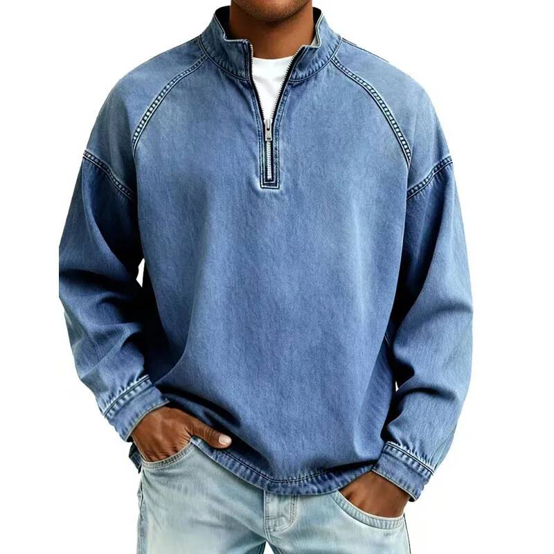 Winter Clothing Taiwan - 秋の新作メンズプルオーバースウェットシャツジッパー付きスタンドカラーソリッドトップヘビーウェイトダメージ加工ウォッシュドデニムカジュアルフーディーメンズ服