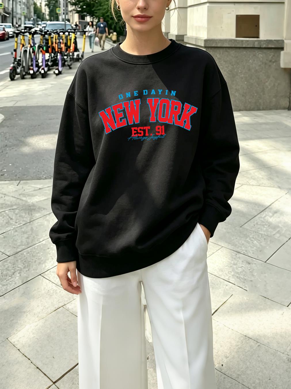 Winter Clothing In New York City - ニューヨークシティアートレター91プリント入りレディース通気性快適Oネックスウェットシャツ、トレンディでシンプルなプルオーバー、ルーズなストリートウェア