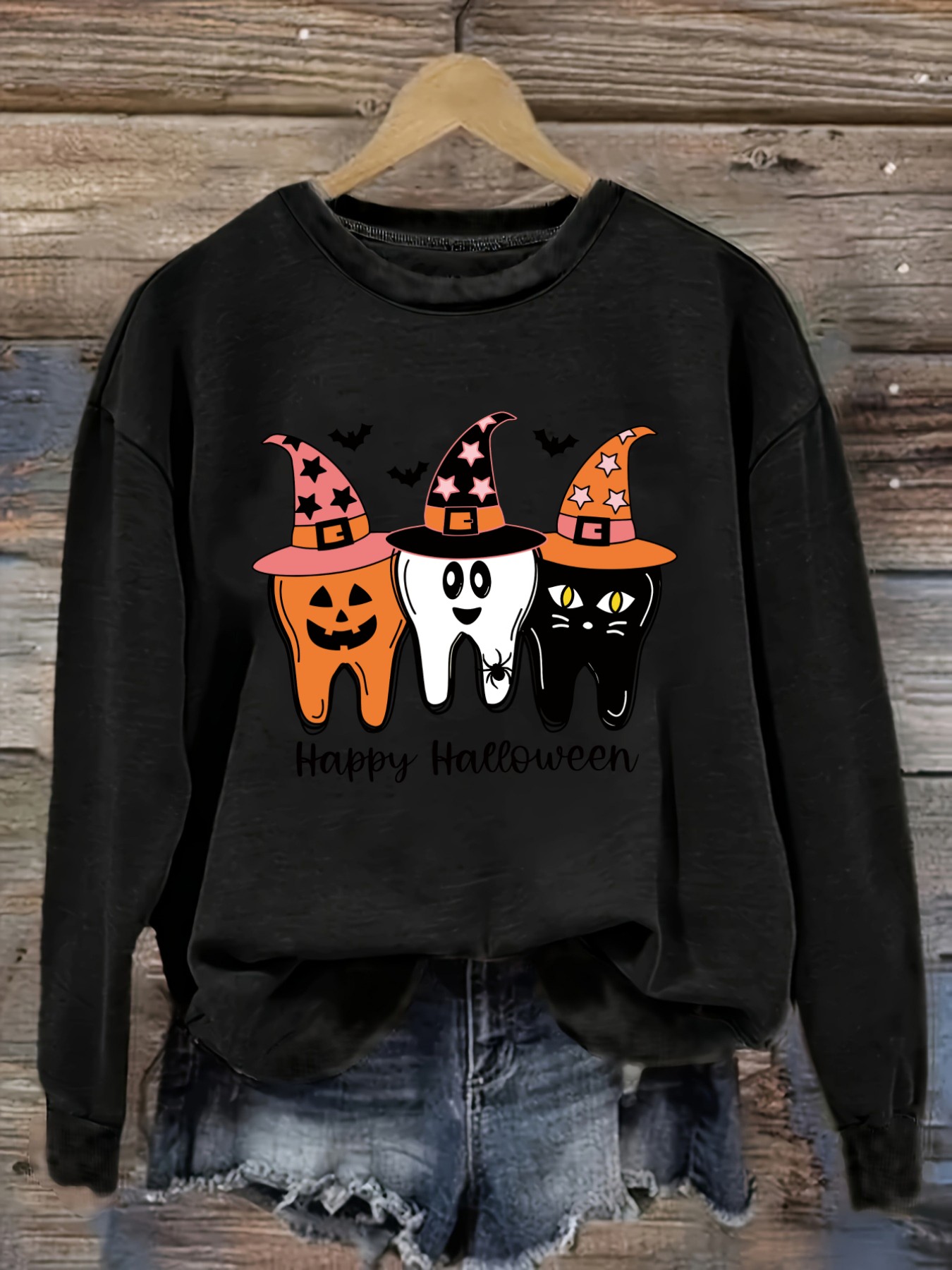 Winter Clothing Design - レディースカジュアル長袖クルーネックTシャツ、ハッピーハロウィン歯の魔女帽子デザイン、ラウンドネック婦人服、洗濯機で洗える、やや伸縮性あり、ゆったりフィット、春・秋・冬用レディースTシャツ、ハロウィンコスチューム衣装