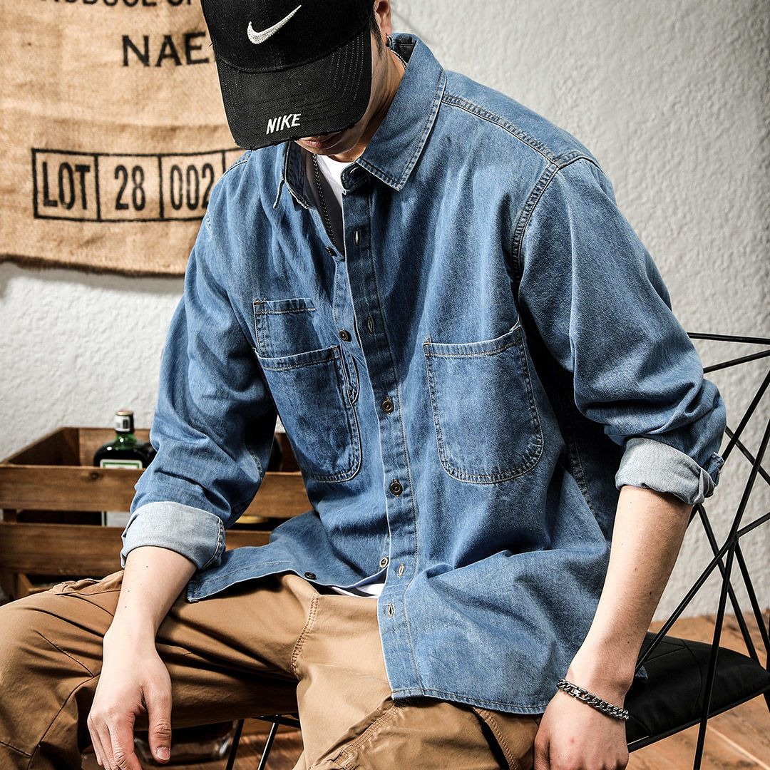 春の若者向けハンサムデニムツール加工長袖シャツメンズインスタ - Winter Clothing Stores のレビューと価格
