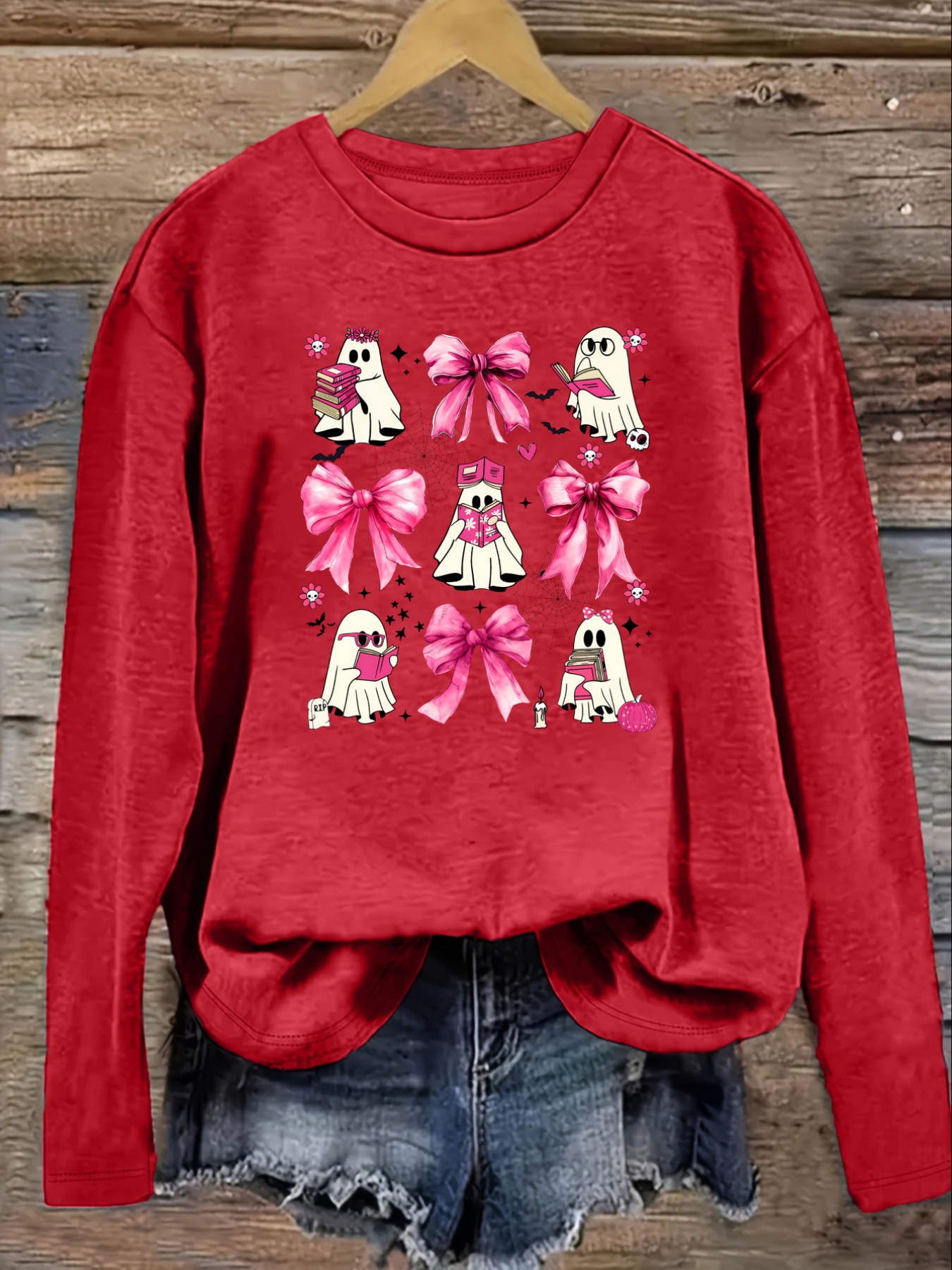 レディースカジュアル長袖クルーネックTシャツ、ピンクのリボン - Winter Clothing Design のレビューと価格