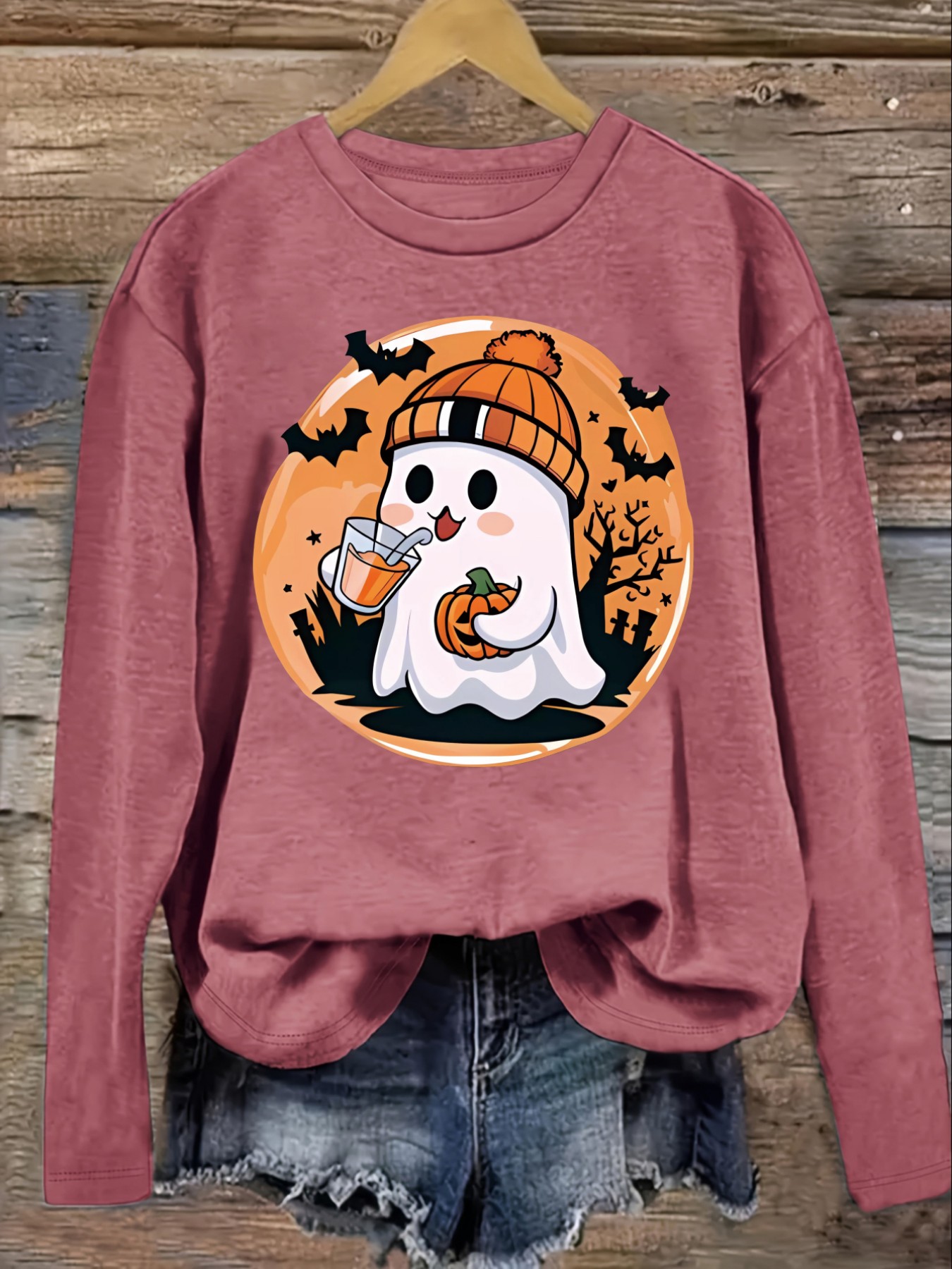 レディースカジュアル長袖クルーネックTシャツ、かわいいゴース - Winter Clothing Design のレビューと価格