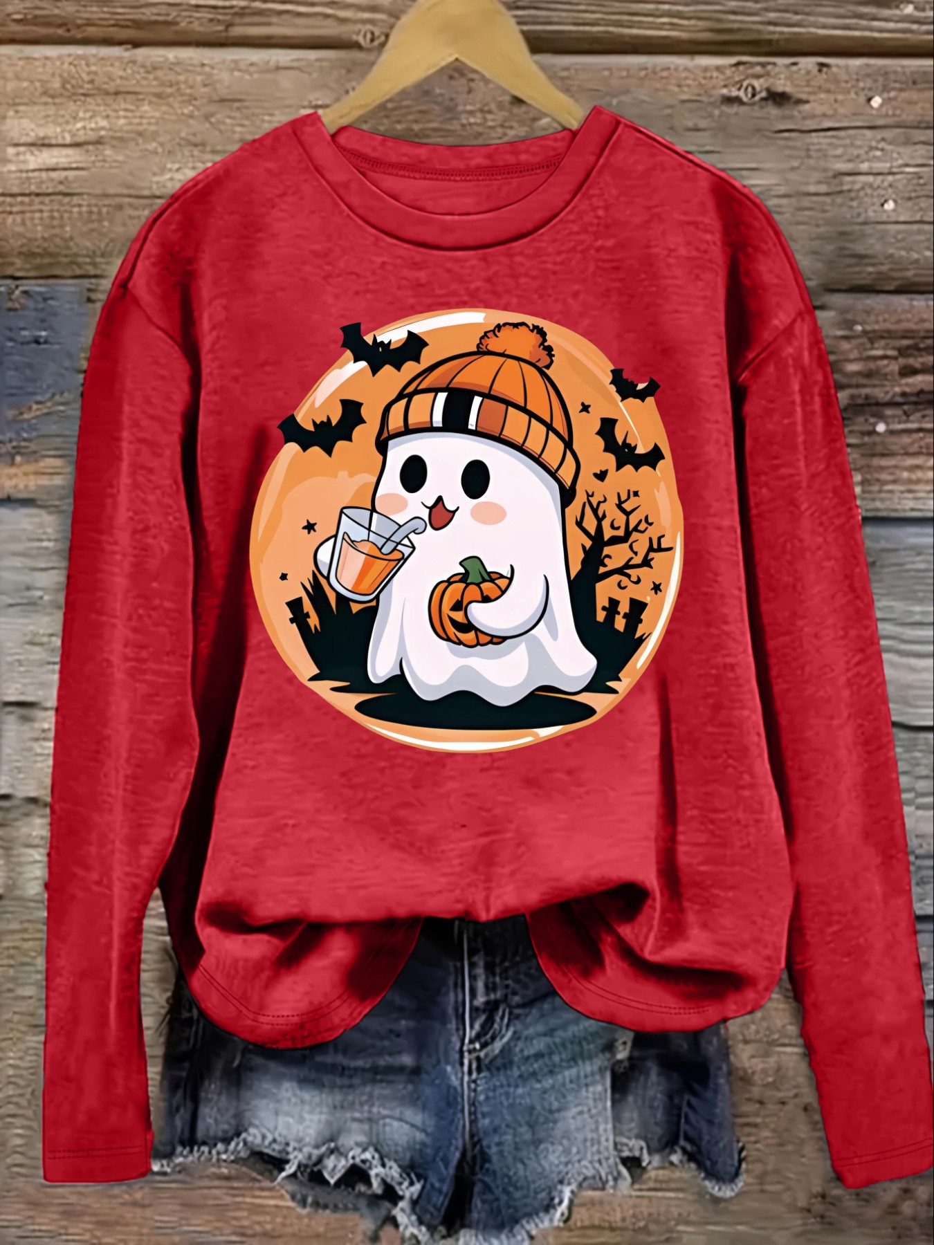 レディースカジュアル長袖クルーネックTシャツ、かわいいゴース - Winter Clothing Design のレビューと価格